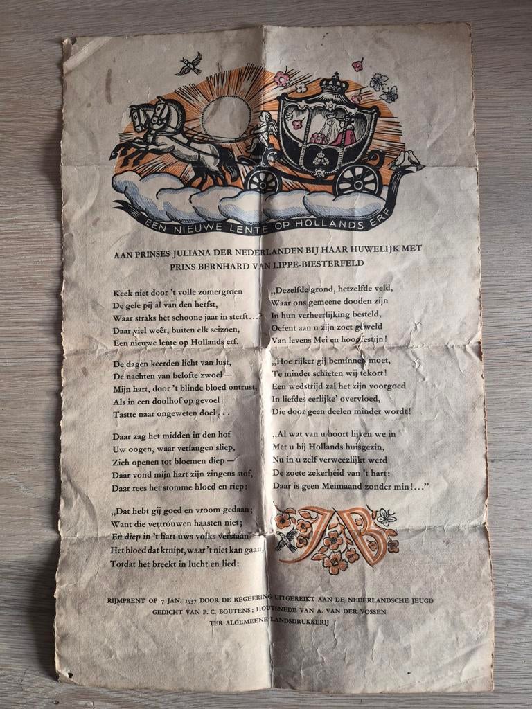 Originele Rijmprent Huwelijk Juliana & Bernhard 1937, Ophalen