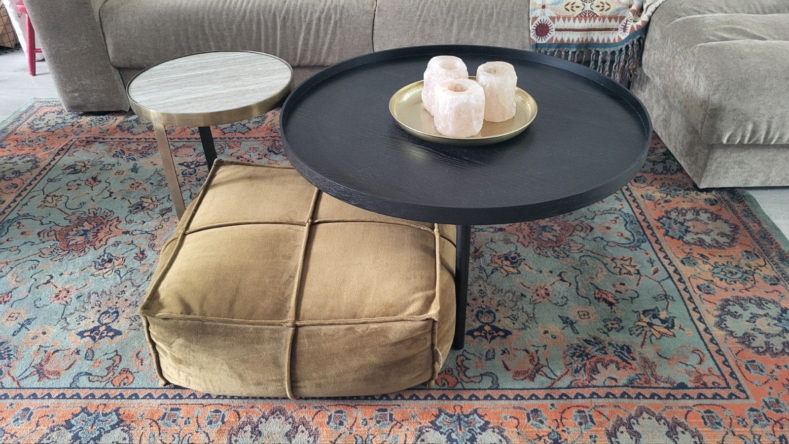 Set: Marmeren bijzettafel, velvet poef en zwarte salontafel, Ophalen, 50 tot 100 cm, Grenenhout, Rond