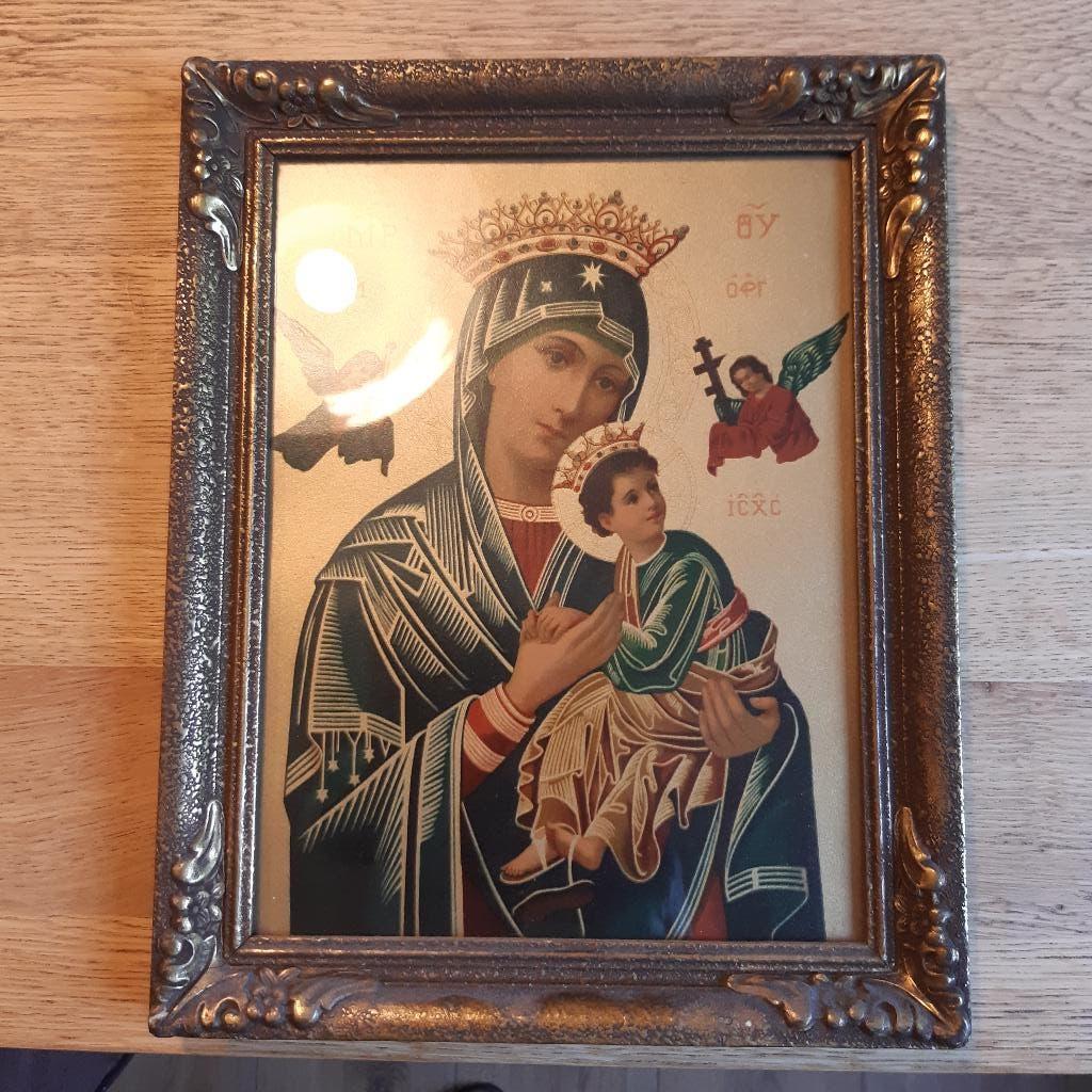 Vintage Byzantijnse prent met antieke barok lijst 19e eeuw., Antiek en Kunst, Antiek | Religie, Ophalen of Verzenden