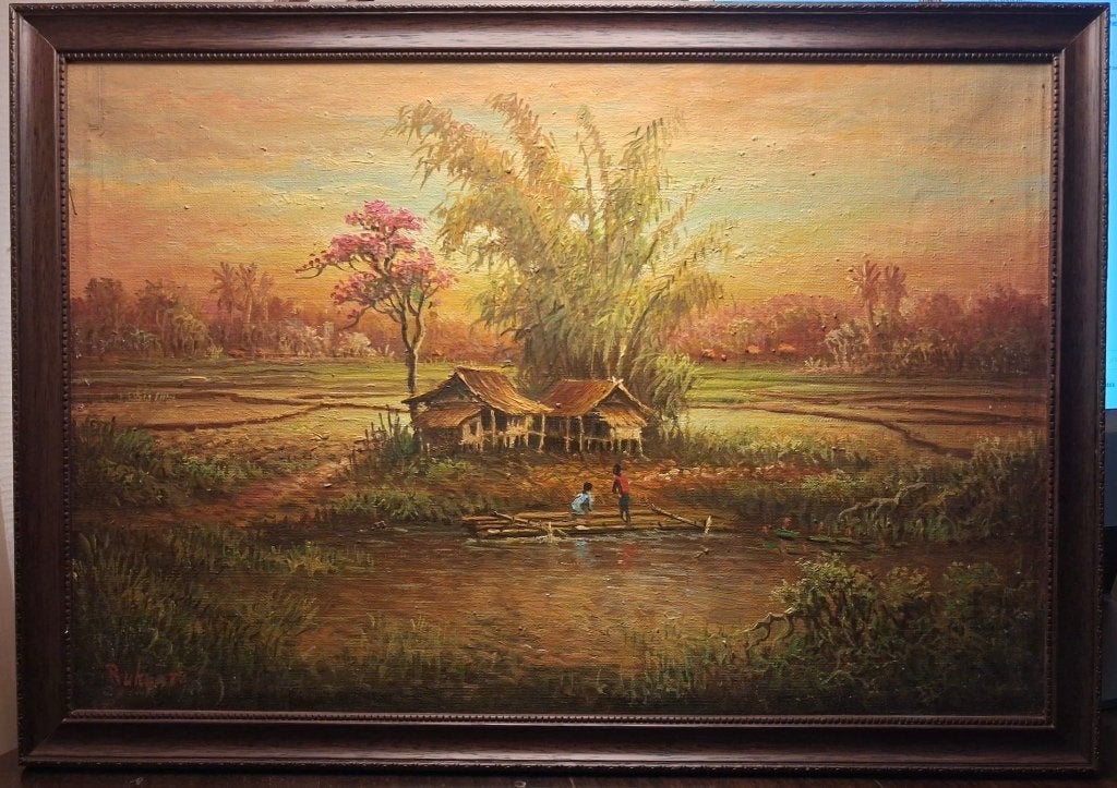 Sfeervol vintage olieverfschilderij – tropisch landschap, Realistisch, Ophalen of Verzenden, Olieverf, Landschap