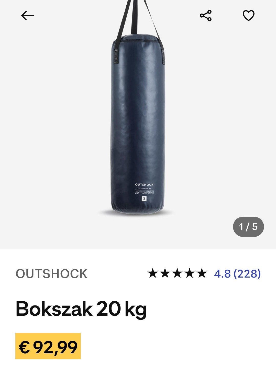 Outshock Bokszak 120 (100cm, 20kg) met plafondbevestiging, Sport en Fitness, Boksen, Ophalen, Zo goed als nieuw, Bokszak