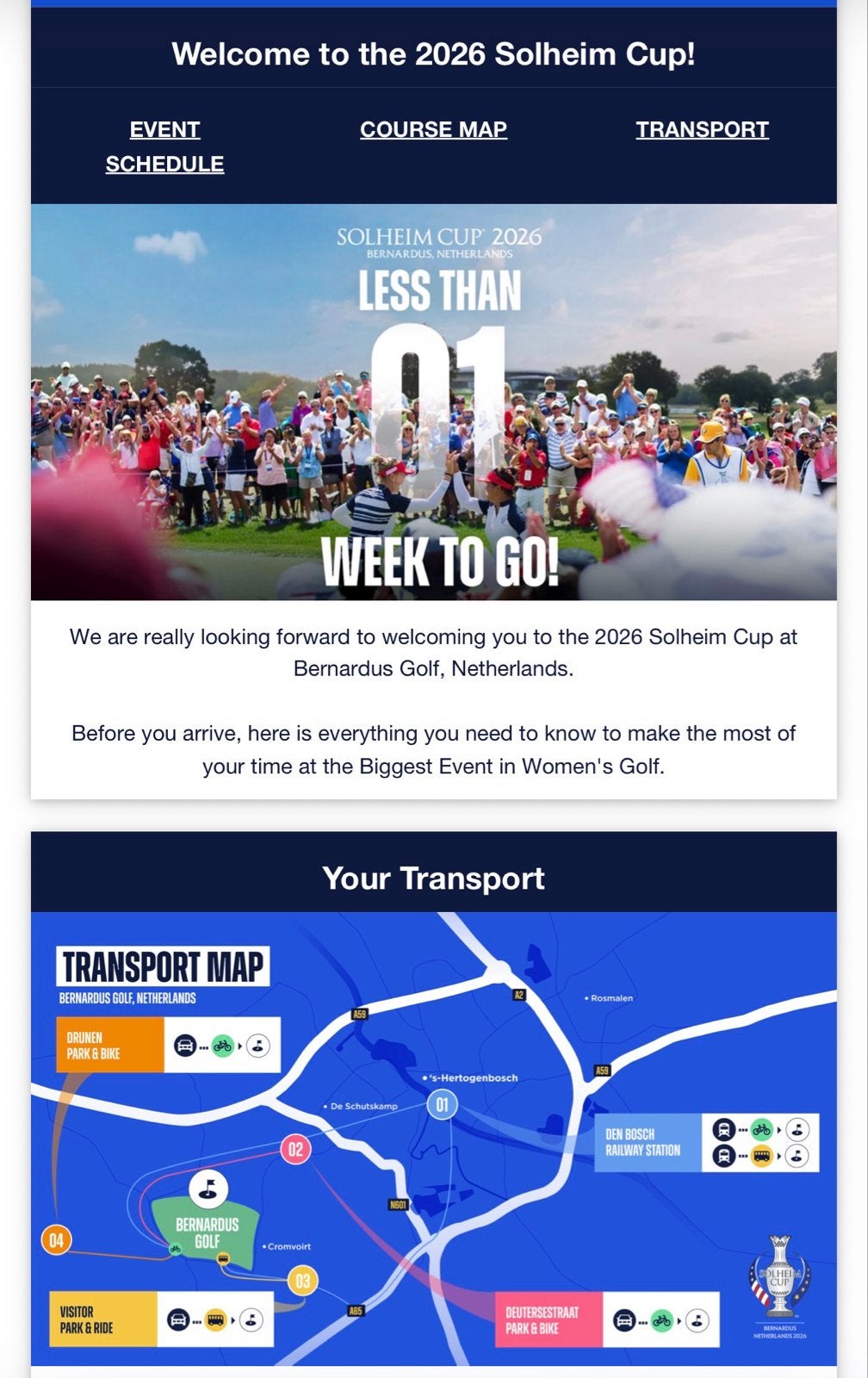2 tickets Solheim Cup (zondag) incl fiets Den Bosch vv, Twee personen