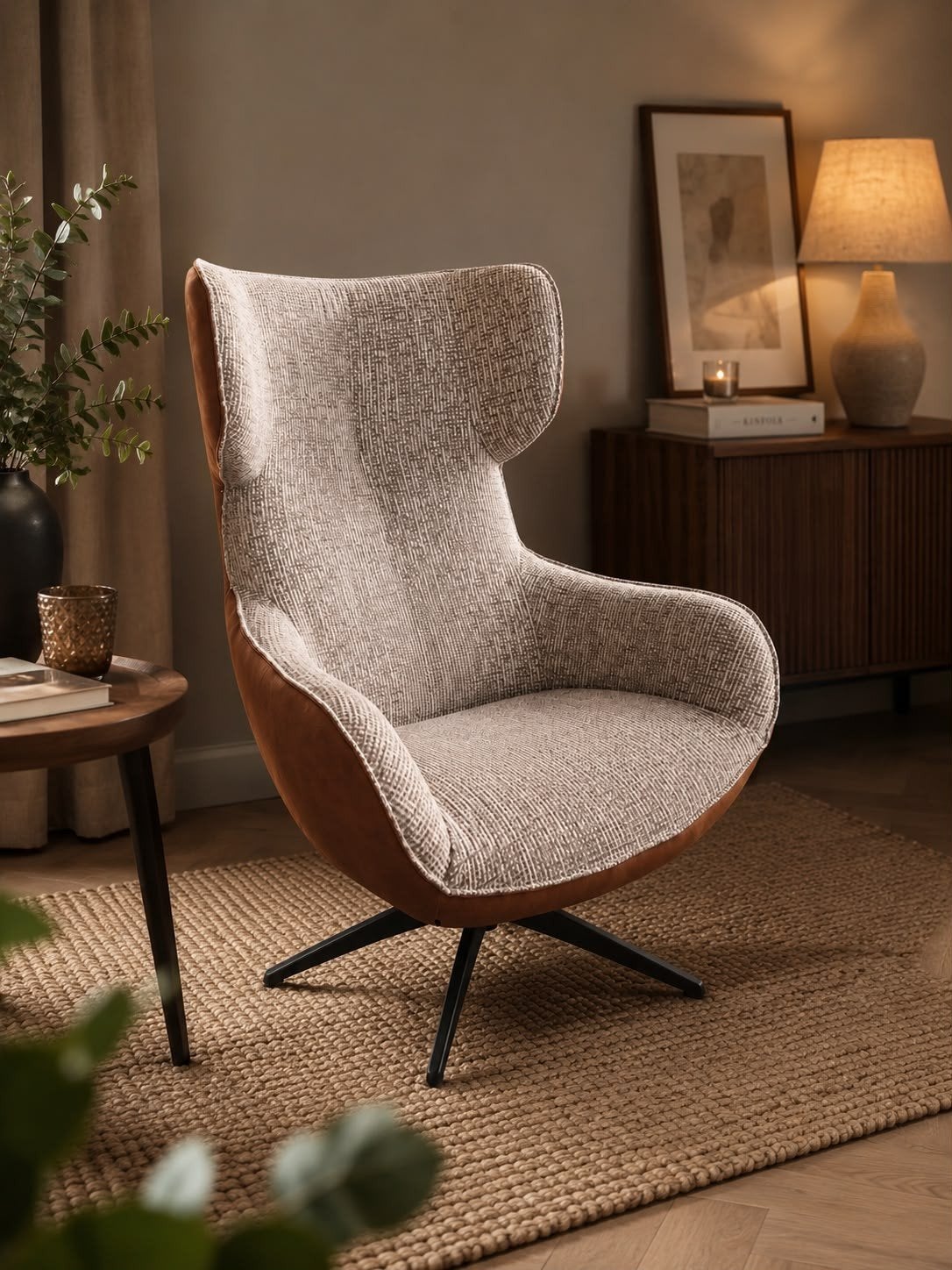 Comfortabele draaibare fauteuil in  stof met  leer, Ophalen, Zo goed als nieuw, 75 tot 100 cm, Leer