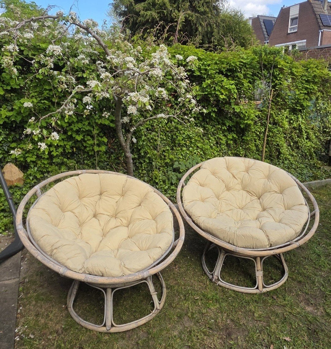 2 papasan stoelen met nieuwe kussens en hoes, Ophalen, Gebruikt