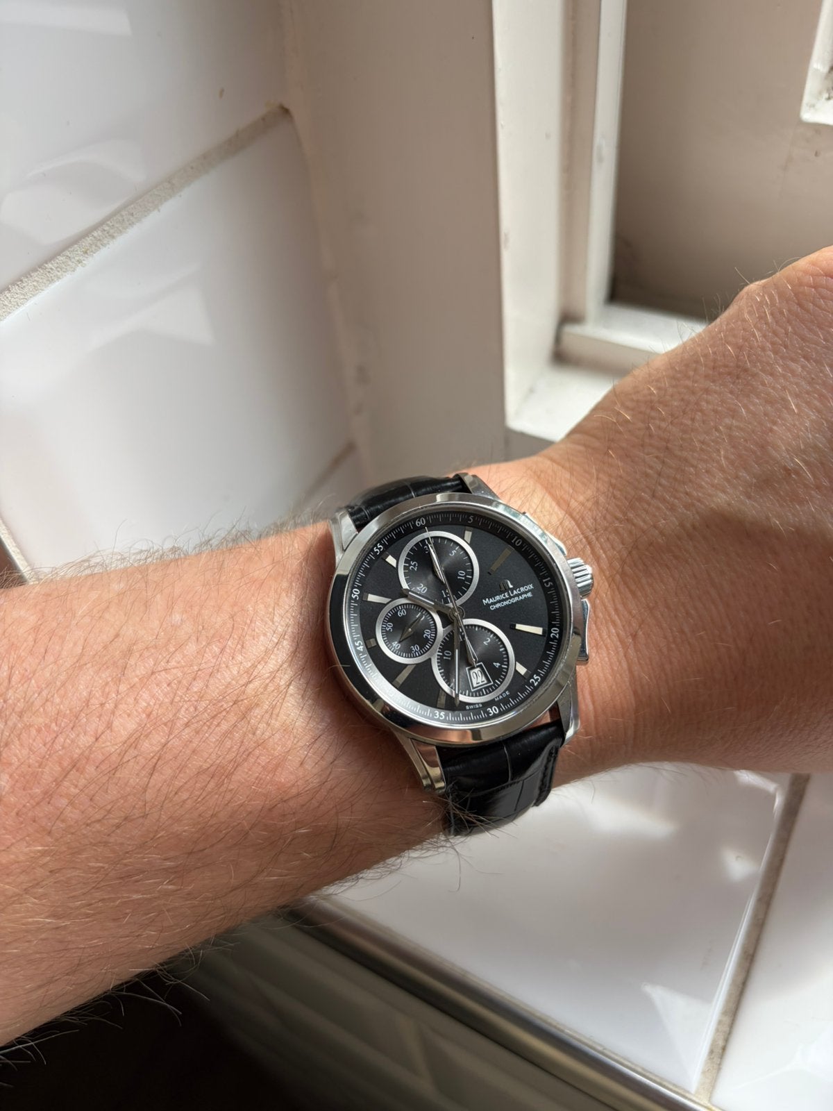 Maurice Lacroix chronograph, Ophalen of Verzenden, Zo goed als nieuw, Leer, Overige merken