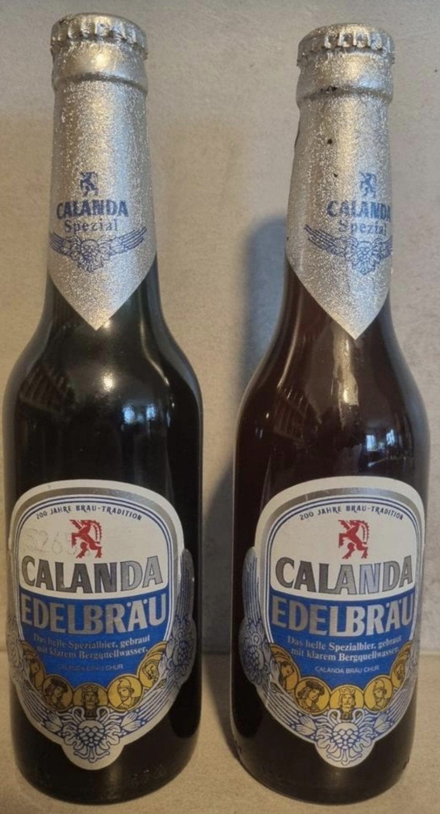 Calanda Edelbräu set, Zwitserland – jaren ’80 - 33 & 30cl, Verzamelen, Biermerken, Ophalen of Verzenden, Zo goed als nieuw, Flesje(s)