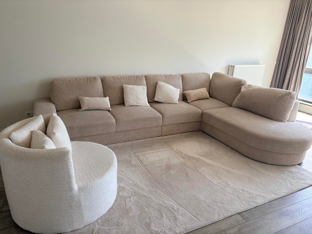 Grote Teddystof Hoekbank met Loveseat – Cream – 350 x 250, Ophalen, Zo goed als nieuw, Stof