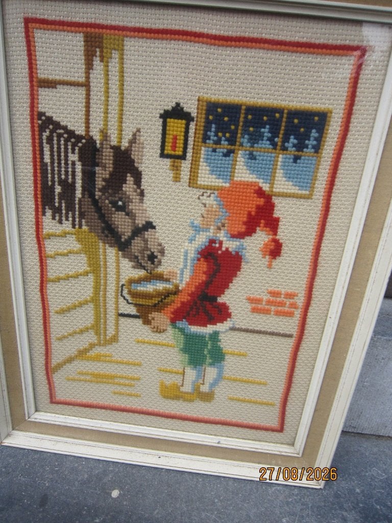 Leuk geborduurd schilderij Pinkeltje voert een paard, Ophalen, Gebruikt, Patroon