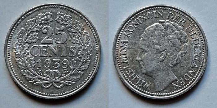 25 cent 1939 zilver Pr, Postzegels en Munten, Munten | Nederland, Verzenden, Koningin Wilhelmina, 25 cent, Zilver