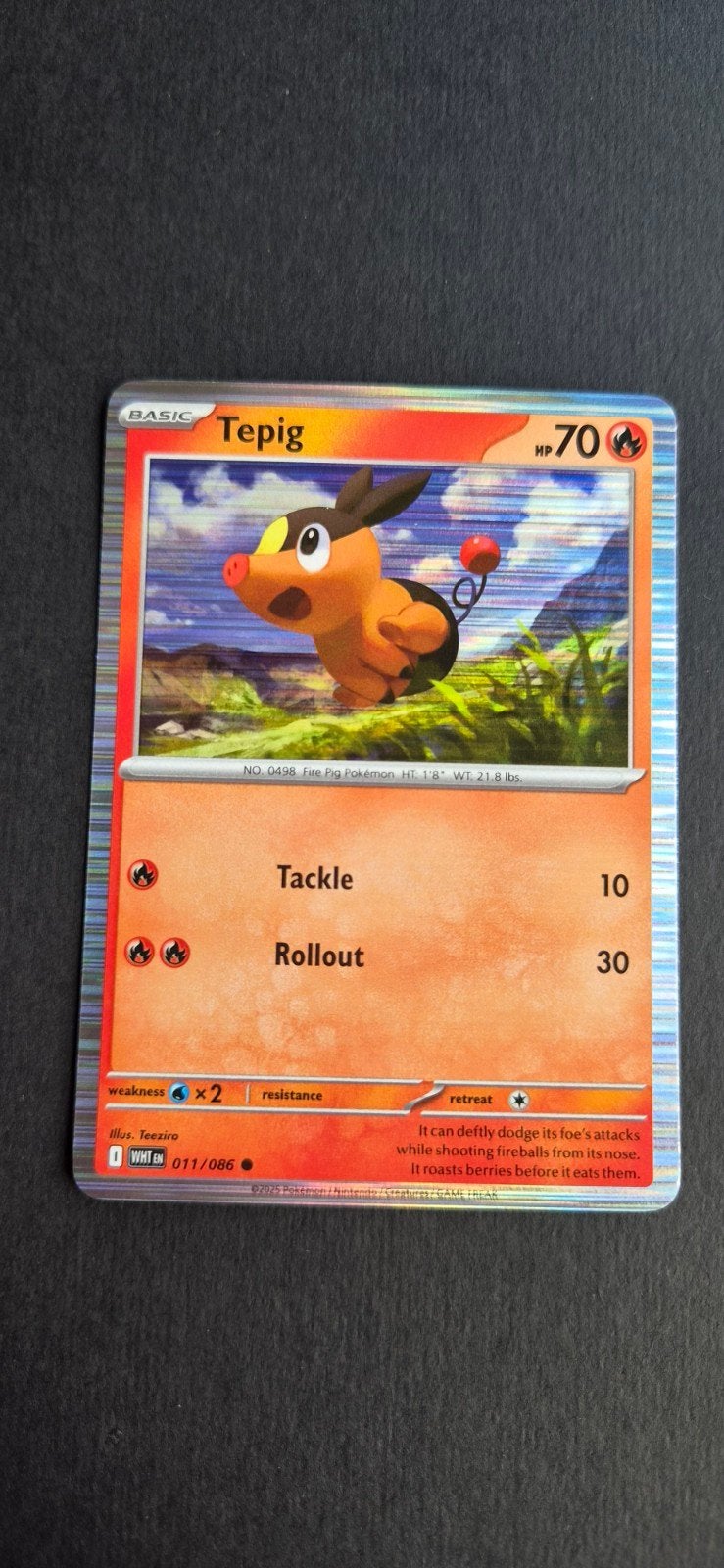 Tepig (xWHT 011) Tinsel holo Pokémon kaart, Ophalen of Verzenden, Zo goed als nieuw, Losse kaart, Foil