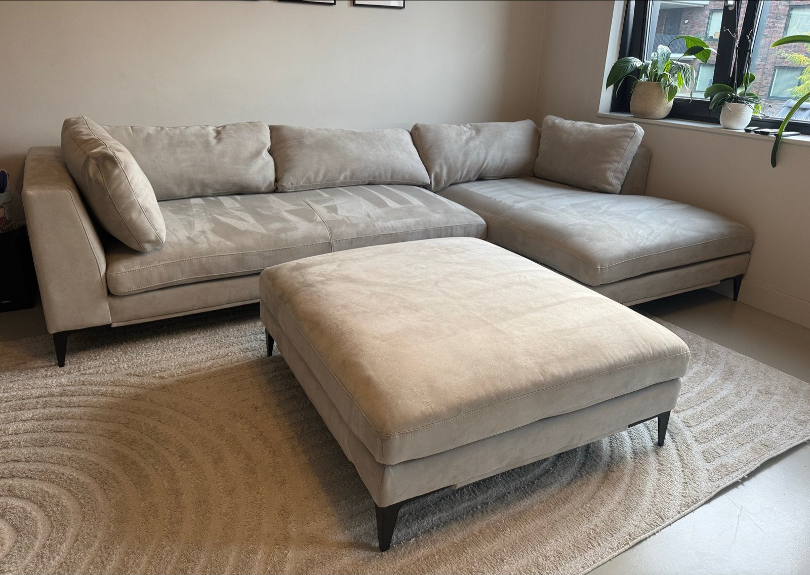 3-zitsbank + Chaise longue + poef - Nappa stof, Ophalen, 100 tot 125 cm, Hoekbank, Zo goed als nieuw