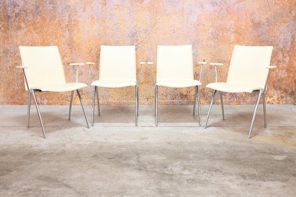 ZGANieuw 4 cremekleurige leren Leolux Natello design stoelen, Huis en Inrichting, Stoelen, Leolux, Leolux, Wit, Ophalen of Verzenden