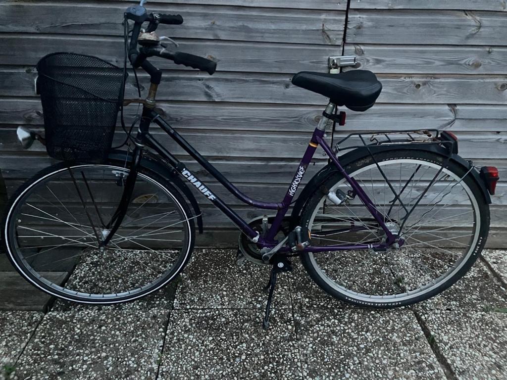 Damesfiets Schauff paars met mandje, Gebruikt, Velgrem, Versnellingen, 50 tot 53 cm