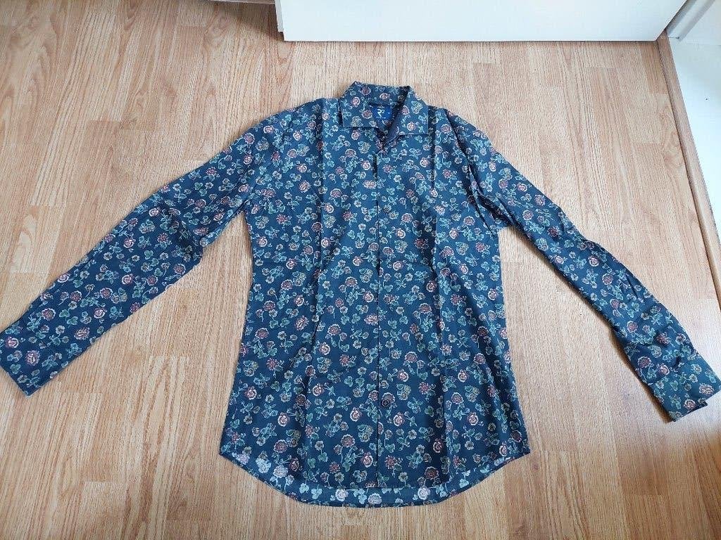 R2 Herenblouse met bloemenprint, donkerblauw - Maat M/L, Blauw, Zo goed als nieuw, R2 Amsterdam, Halswijdte 39/40 (M)