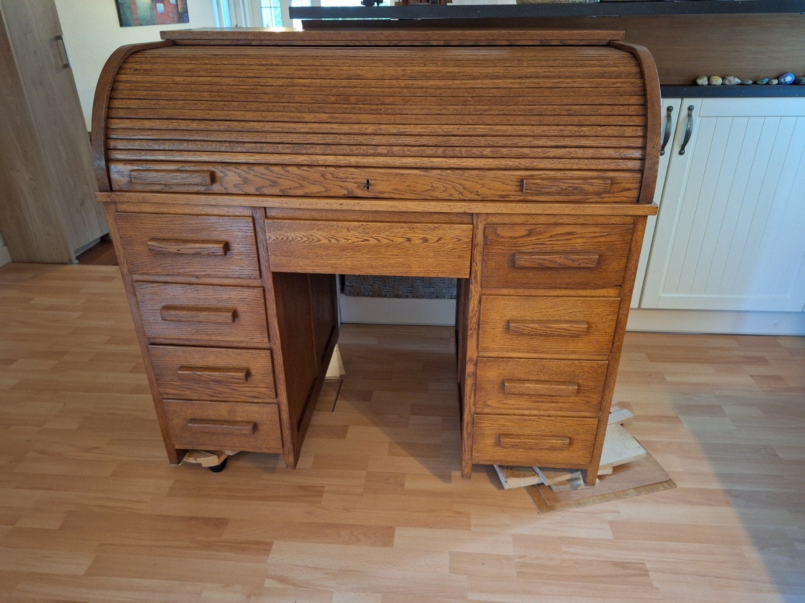 Antiek eiken rolluikbureau met veel opbergruimte, Ophalen