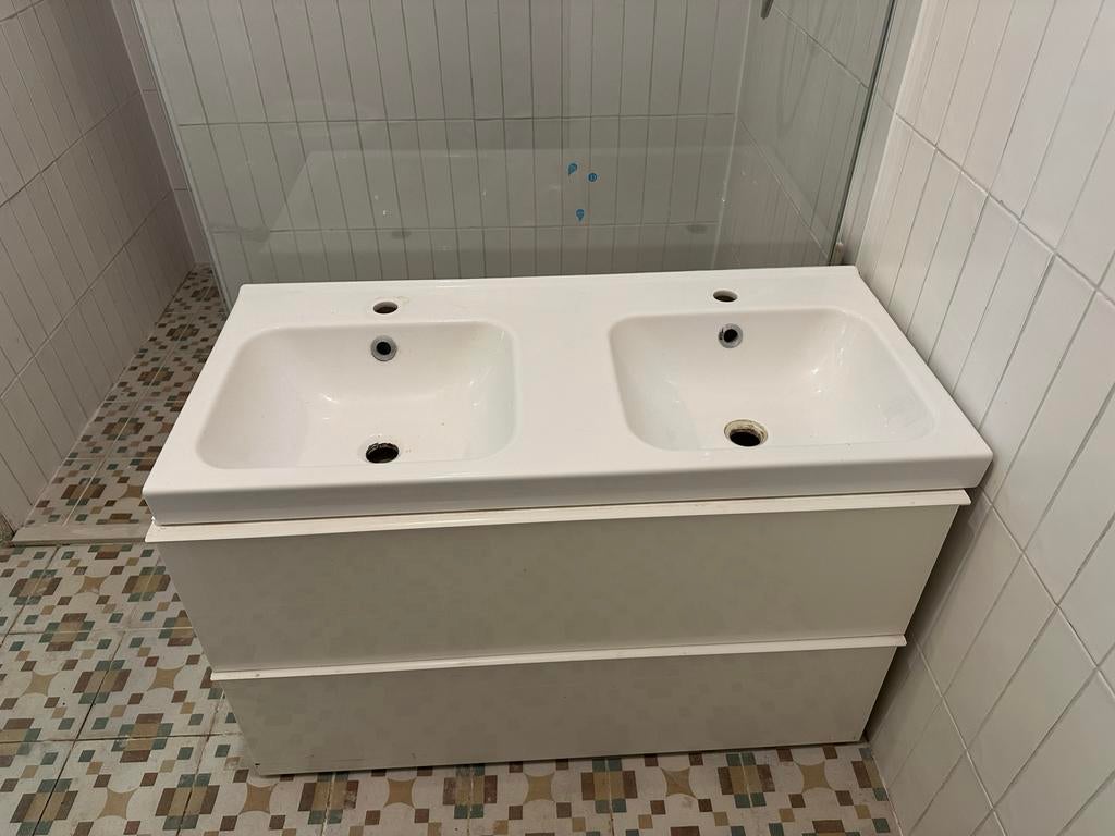 Dubbele wastafel met onderkast - Gebruikt, Gebruikt, 100 tot 150 cm, Ophalen of Verzenden, Minder dan 100 cm