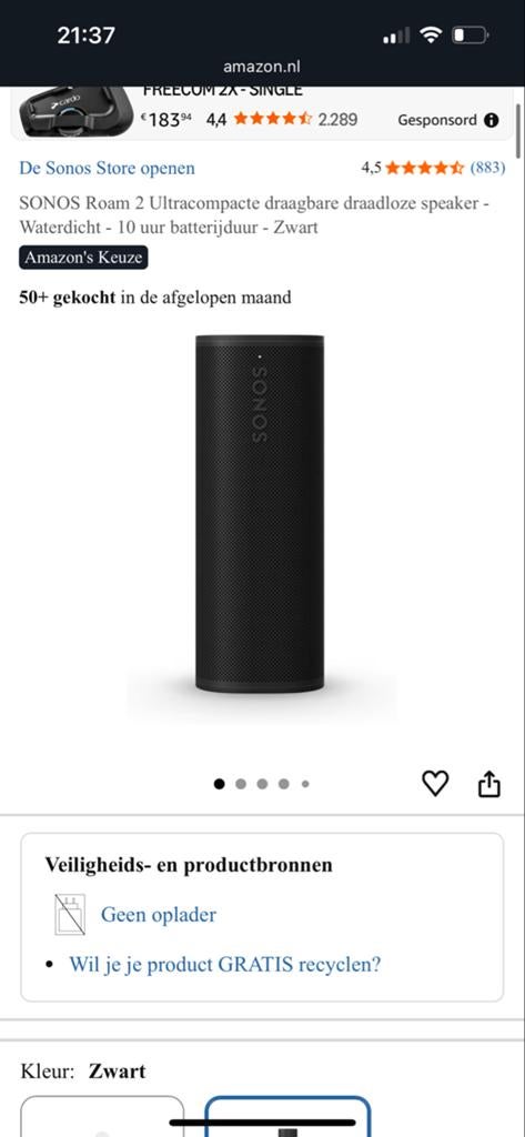 GEZOCHT Sonos Roam 2 Zwart - Draagbare Waterdichte Speaker, Overige typen, Ophalen of Verzenden, Zo goed als nieuw, Sonos