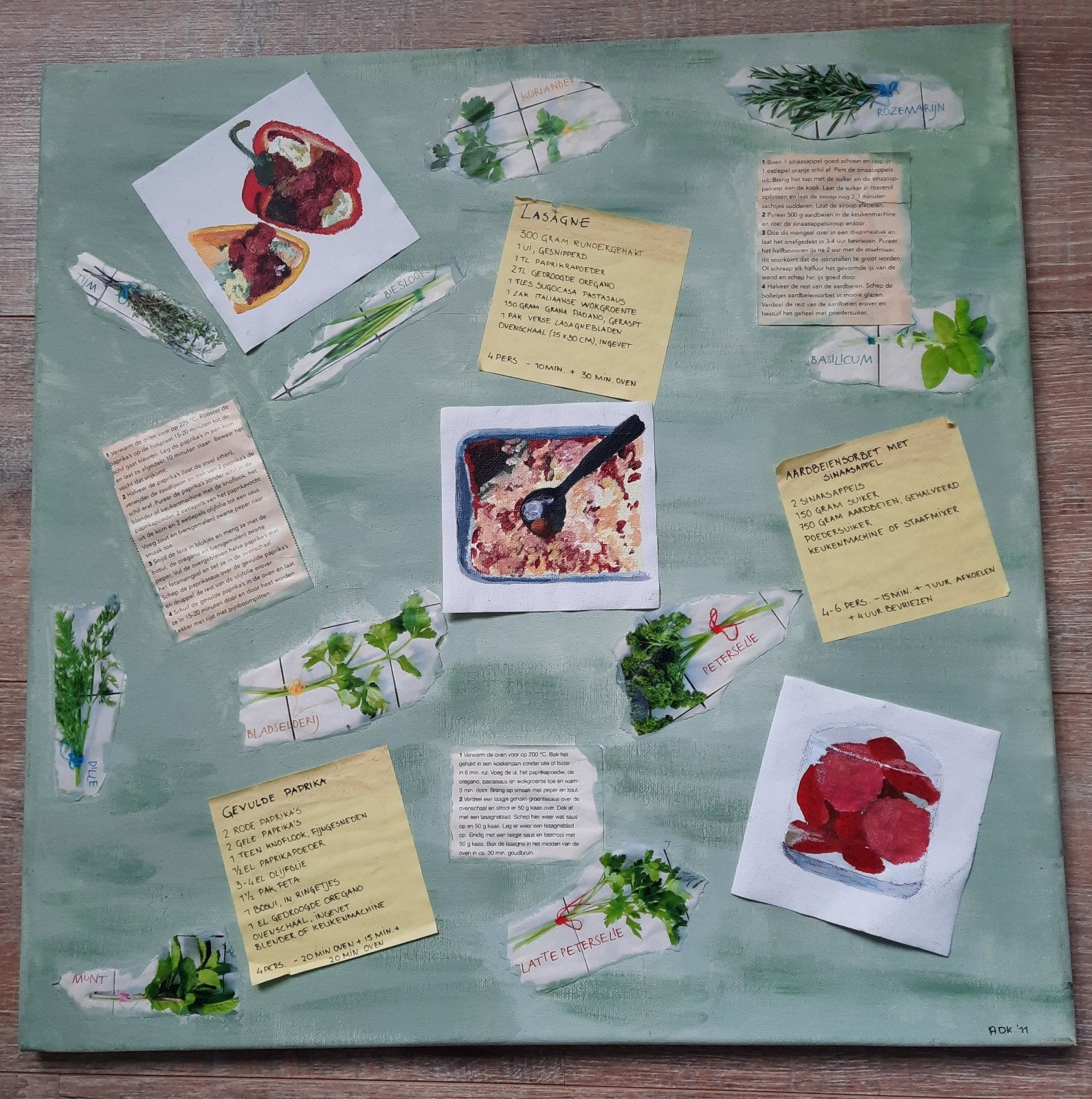 Uniek handgemaakt acryl schilderij - Recepten collage, 50 – 75, Oorspronkelijke maker, Ophalen of Verzenden, Zo goed als nieuw