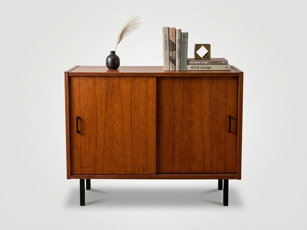 Simpla Lux kastje midcentury design met schuifdeurtjes, Ophalen, 25 tot 50 cm, Teakhout, 50 tot 100 cm