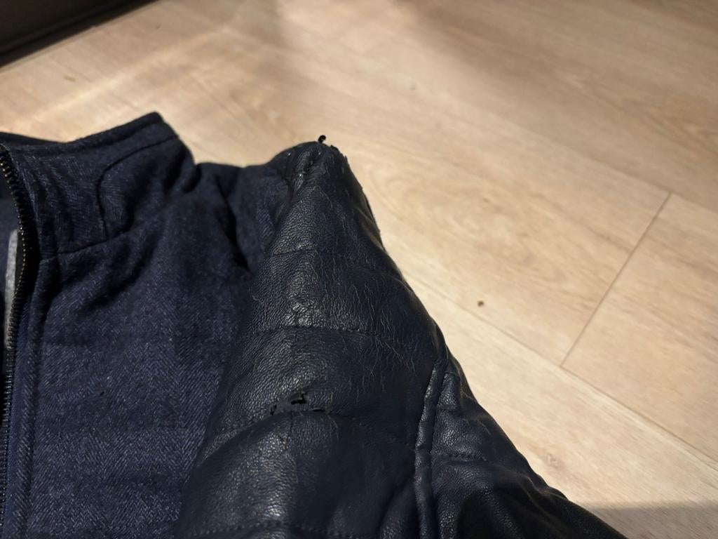 Herenjas met leren mouwen - goedkoop wegens schade, Onbekend, Blauw, Overige maten, Ophalen of Verzenden