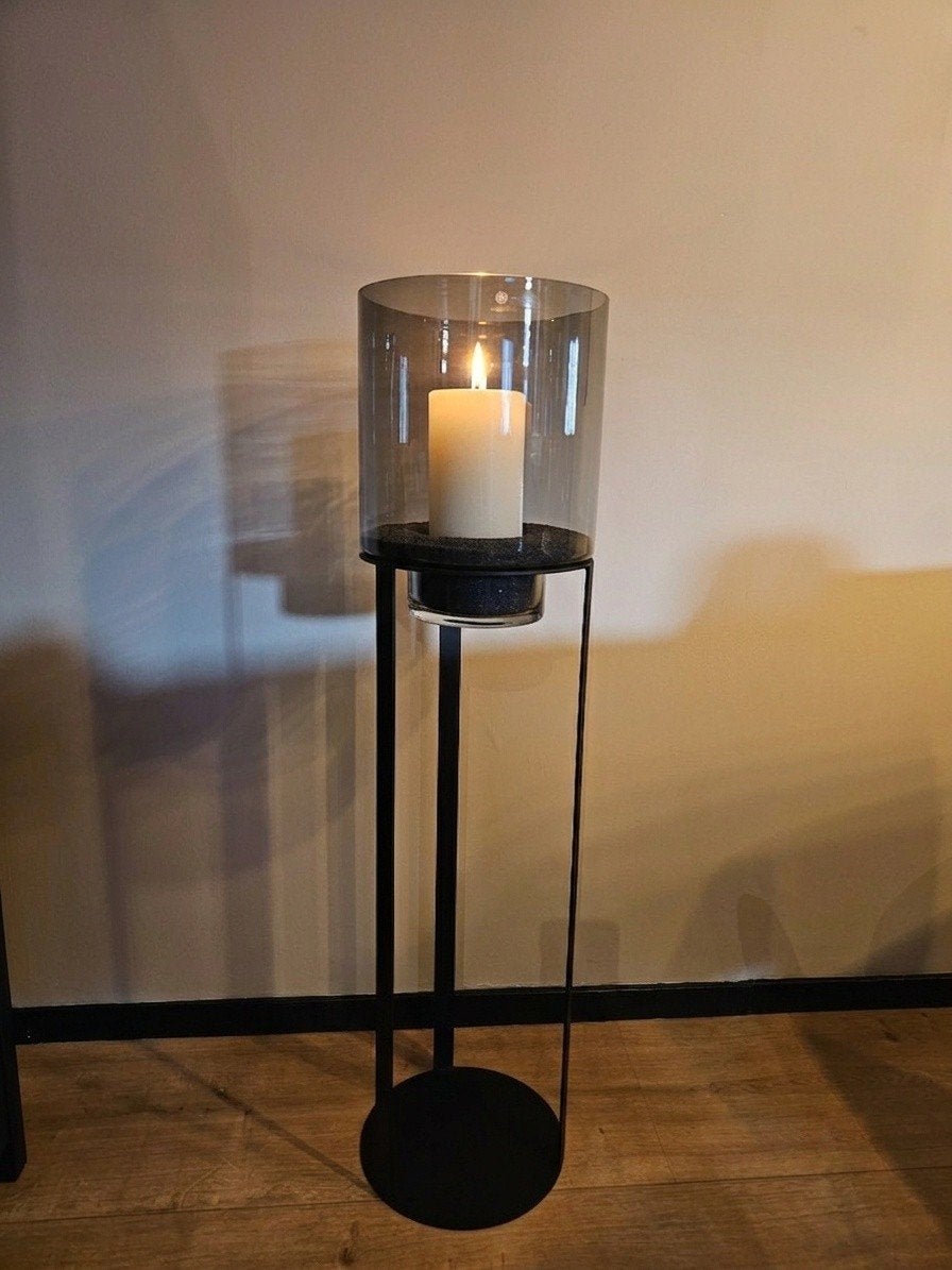 Nieuw rookglazen windlicht op metalen zuil 110cm, Ophalen, Windlicht, Nieuw, Glas