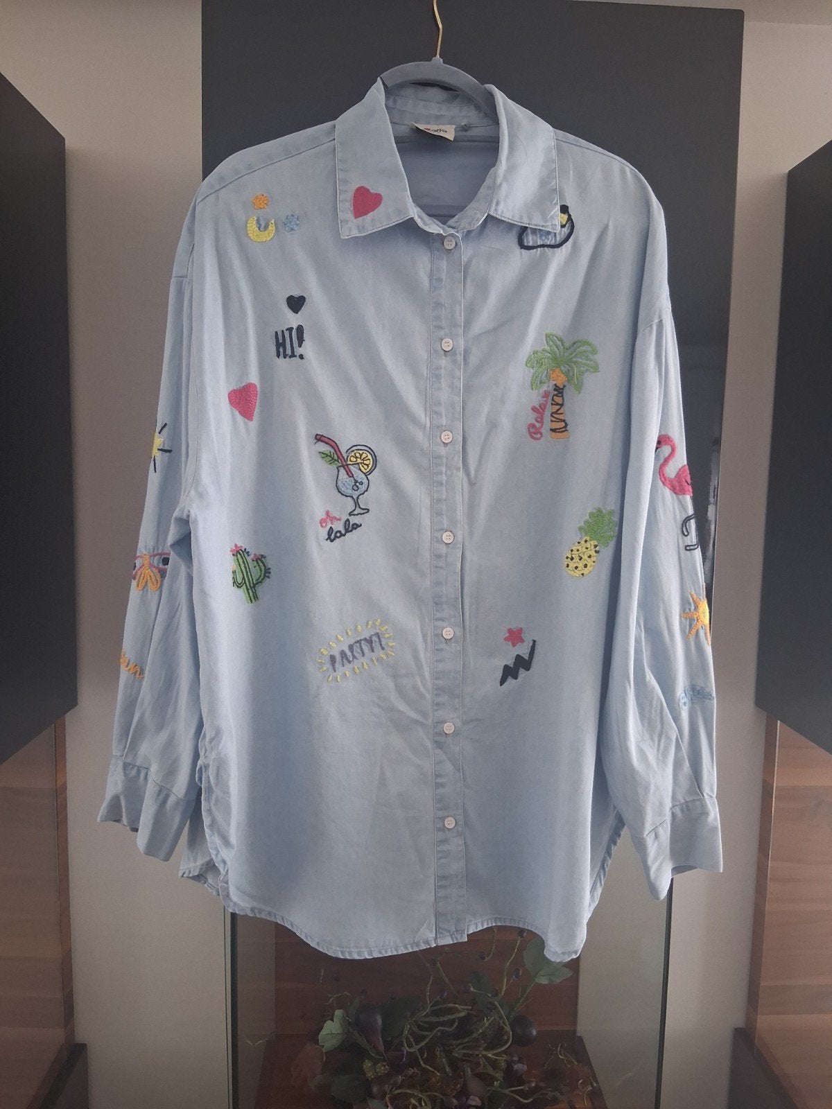 Lange jeans blouse met borduursels - Me369, Maat 38/40 (M), Blauw, Me369, Ophalen of Verzenden