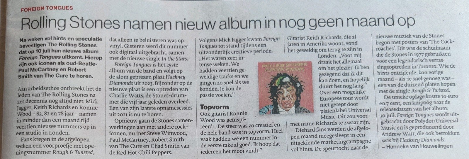 Rolling Stones - nieuw album - krantenartikel, Ophalen of Verzenden, 1980 tot heden, Nederland, Knipsel(s)