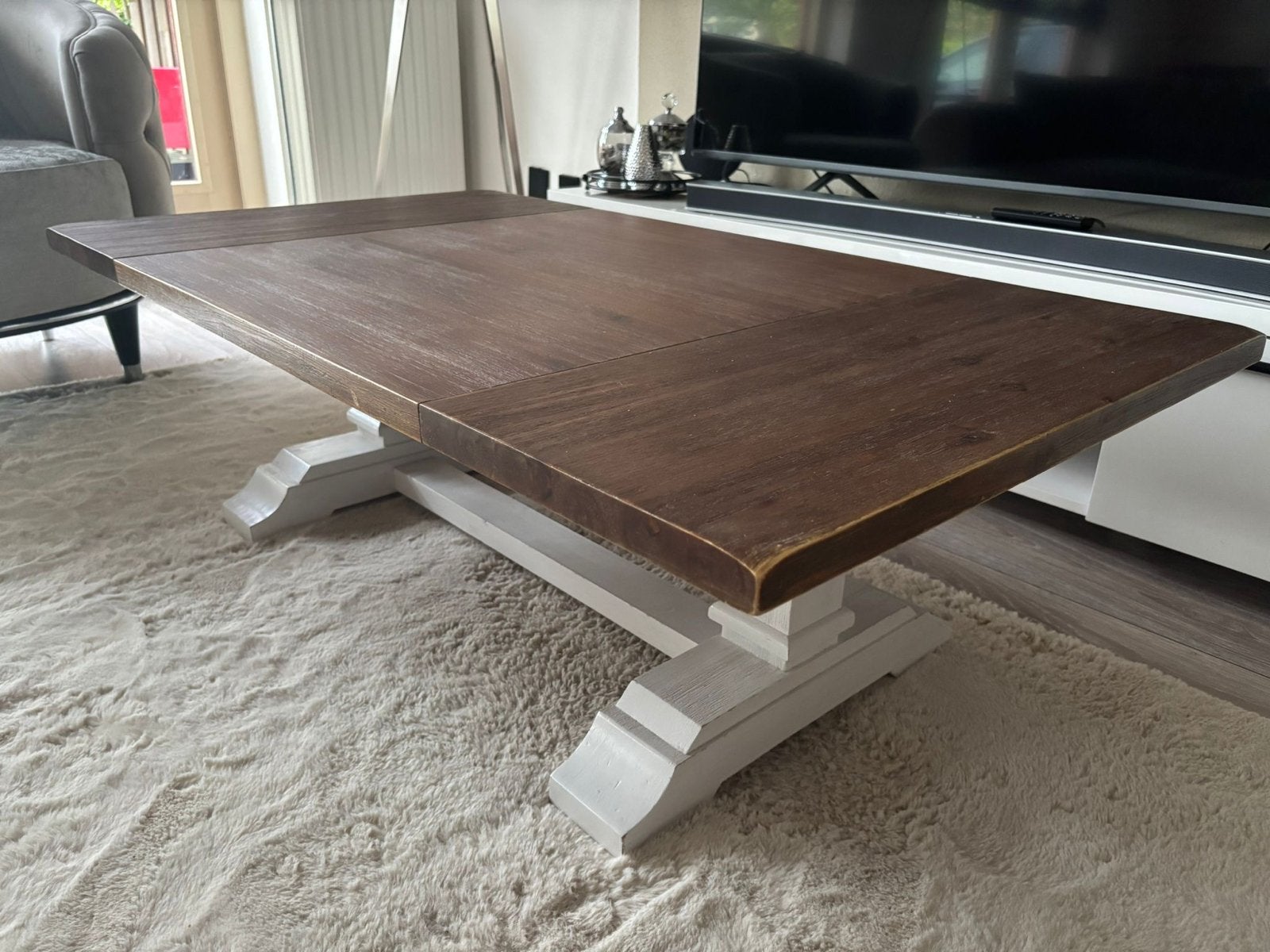 Robuuste salontafel met wit onderstel - 124x70x40cm, Ophalen, Gebruikt, 100 tot 150 cm, 50 tot 100 cm
