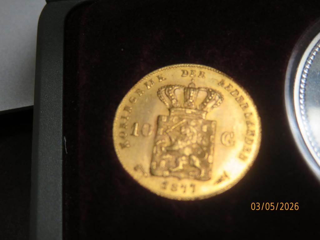No.442- Willem 3 Gouden Tientje 1877 + Zilver Penning, Postzegels en Munten, Munten | Nederland, Koning Willem III, Ophalen of Verzenden