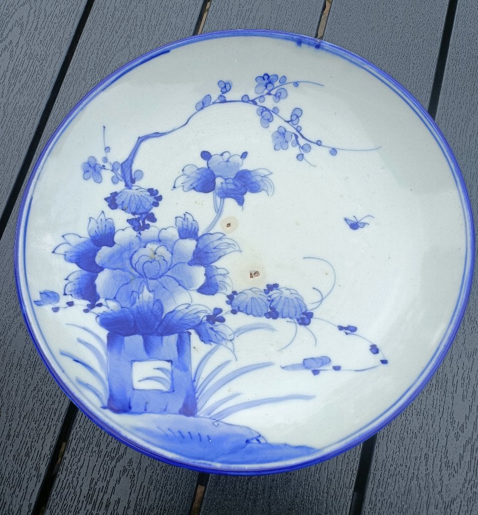Antiek Japans imari wandbord in blauw wit schildering Ø30 cm, Antiek en Kunst, Ophalen of Verzenden
