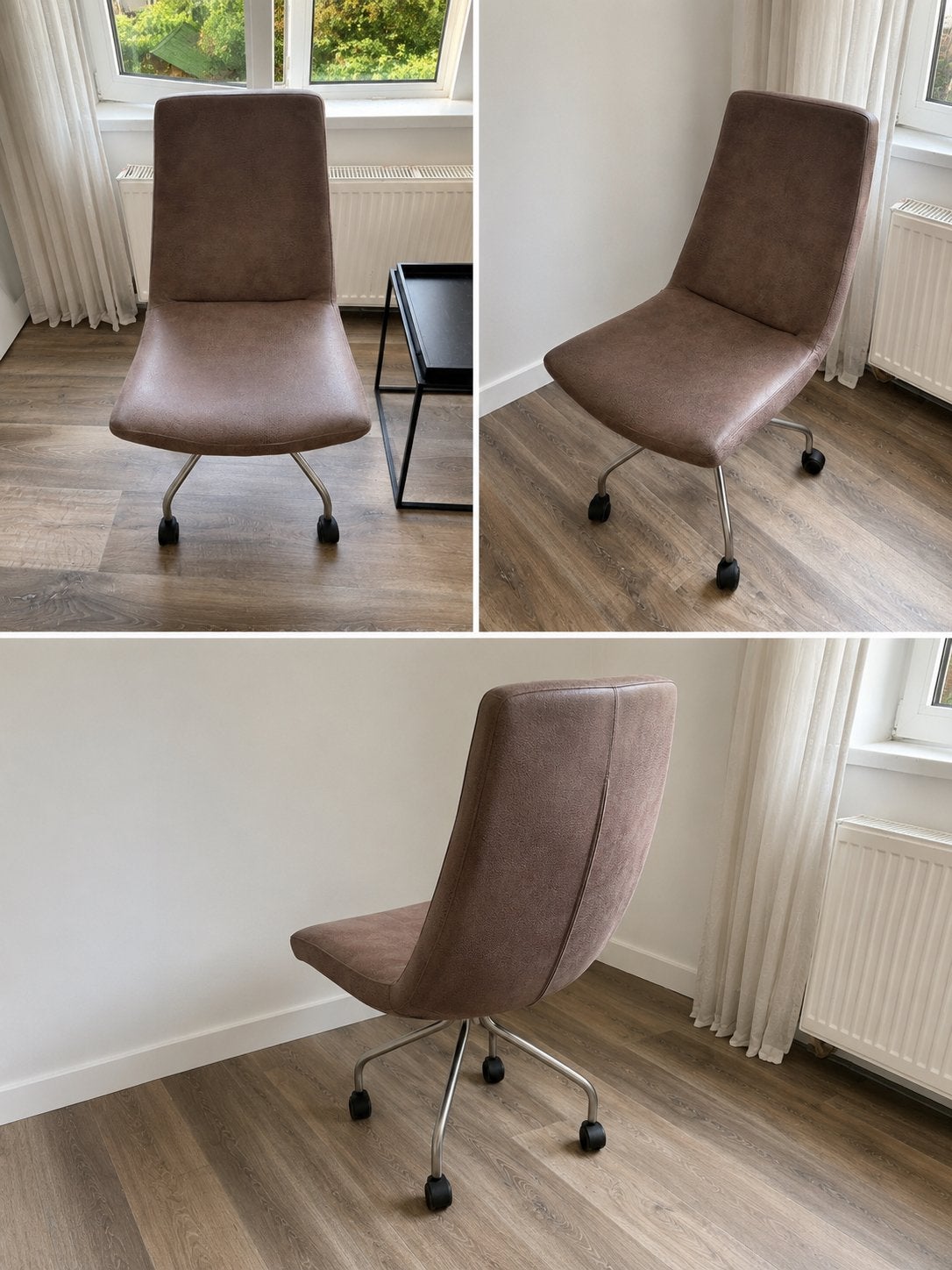 4 bruine tafelstoelen met wieltjes, Huis en Inrichting, Stoelen, Ophalen, Overige materialen, Gebruikt, Bruin