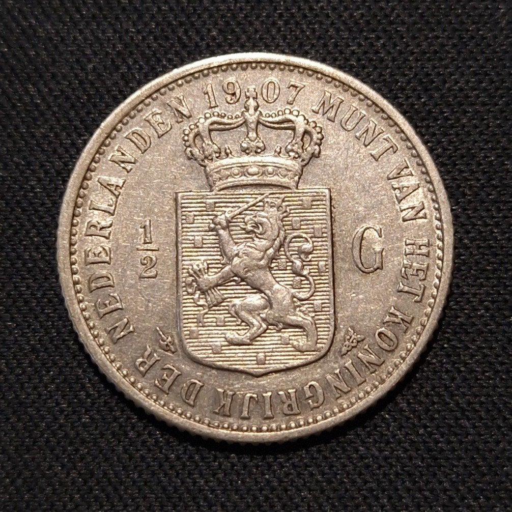 1/2 gulden 1907, Postzegels en Munten, ½ gulden, Verzenden, Zilver, Koningin Wilhelmina