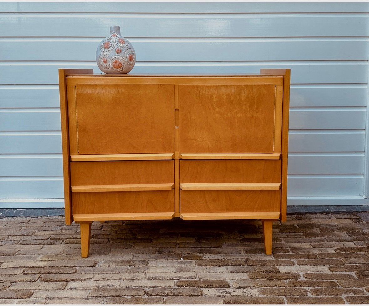 Vintage 60's scandinavisch houten- kast - commode - buffet, Ophalen, Zo goed als nieuw, 25 tot 50 cm, 50 tot 100 cm