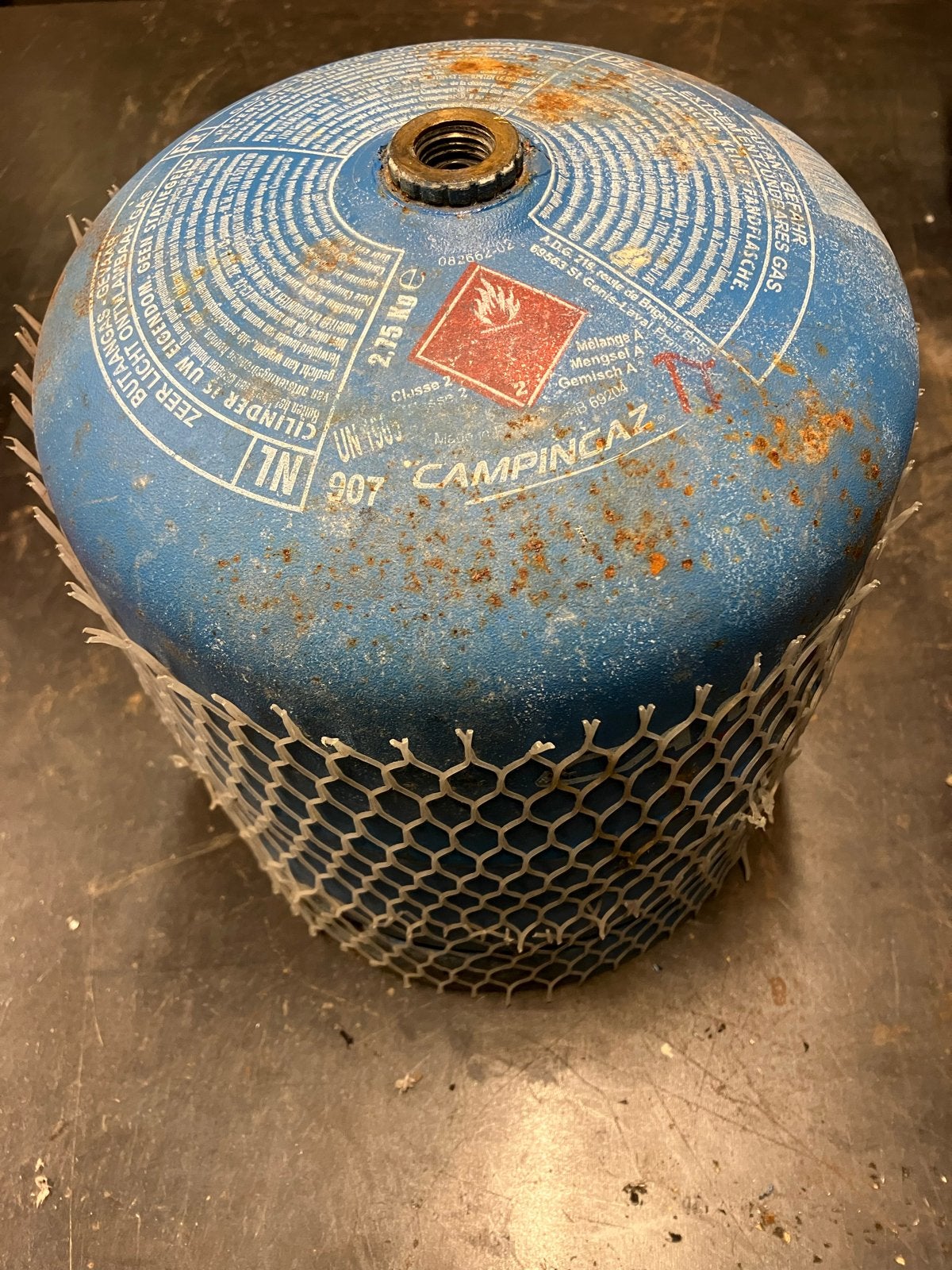 Campingaz 907 gasfles met ca. 1 kg gas, Caravans en Kamperen, Ophalen, Gebruikt