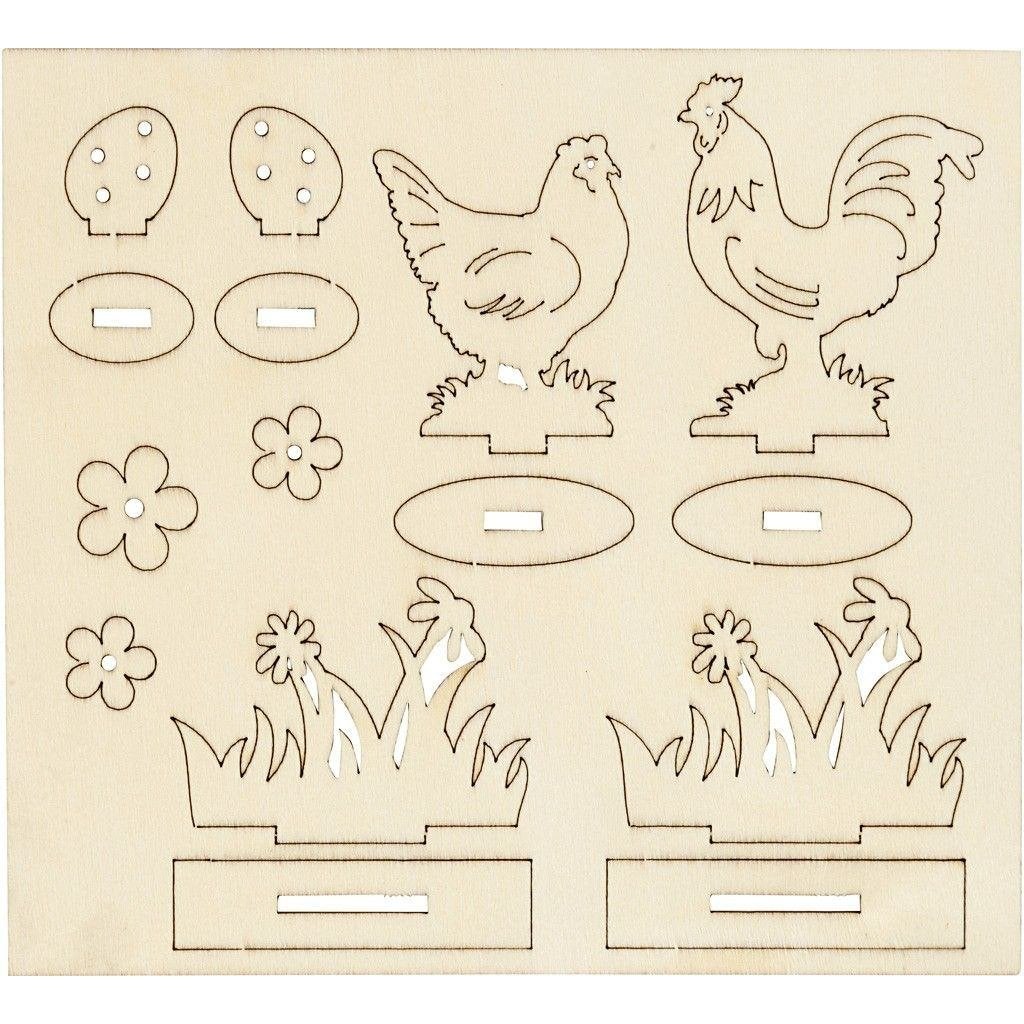 DIY houten figuren kippen en bloemen 16,9 x 15,4 cm dik 2 mm, ., Nieuw, Pasen, .