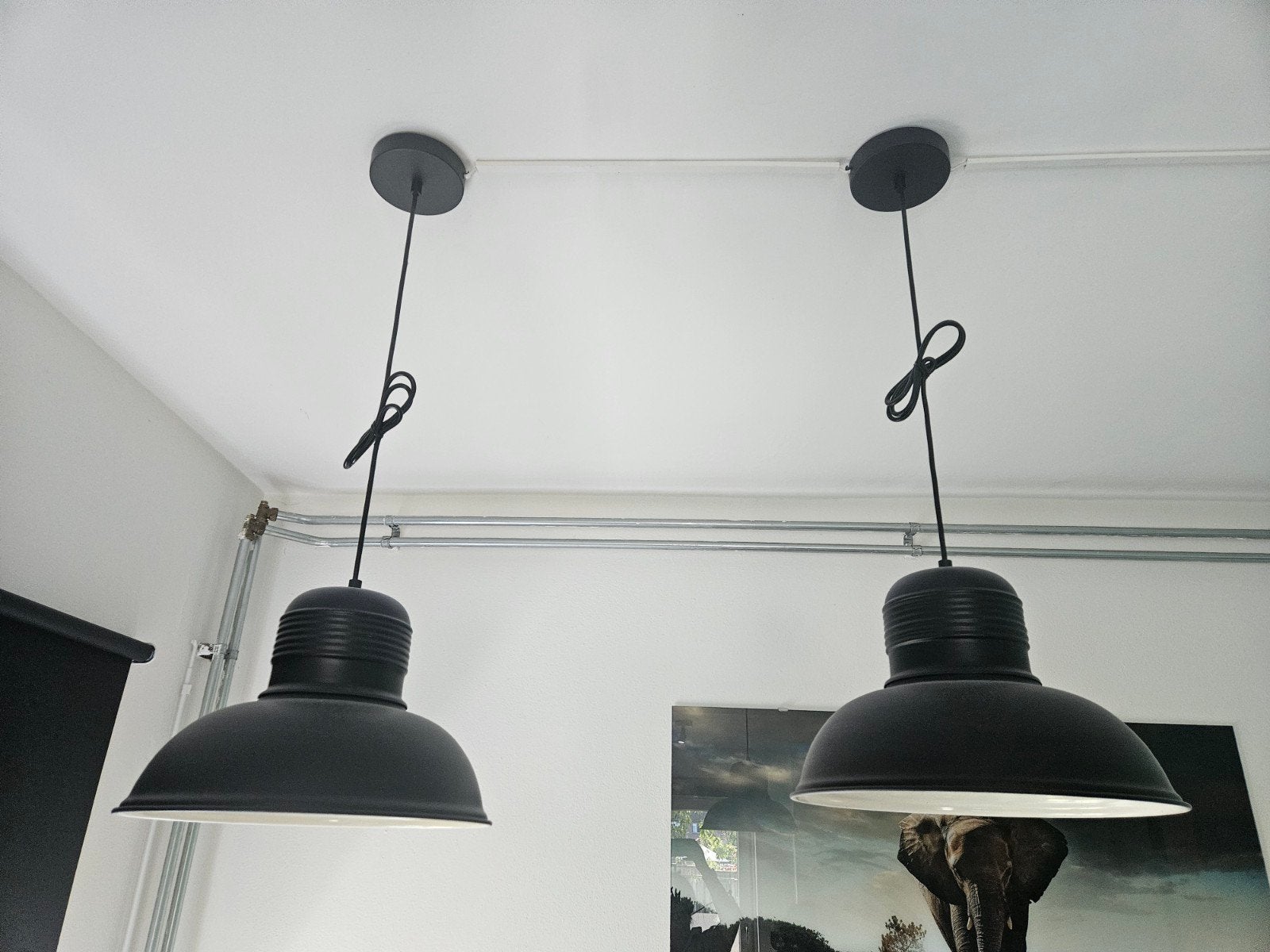 Zwarte hanglampen - set van 2 - diameter 33 cm, Ophalen, Modern, Industrieel, E27 (groot), Zo goed als nieuw