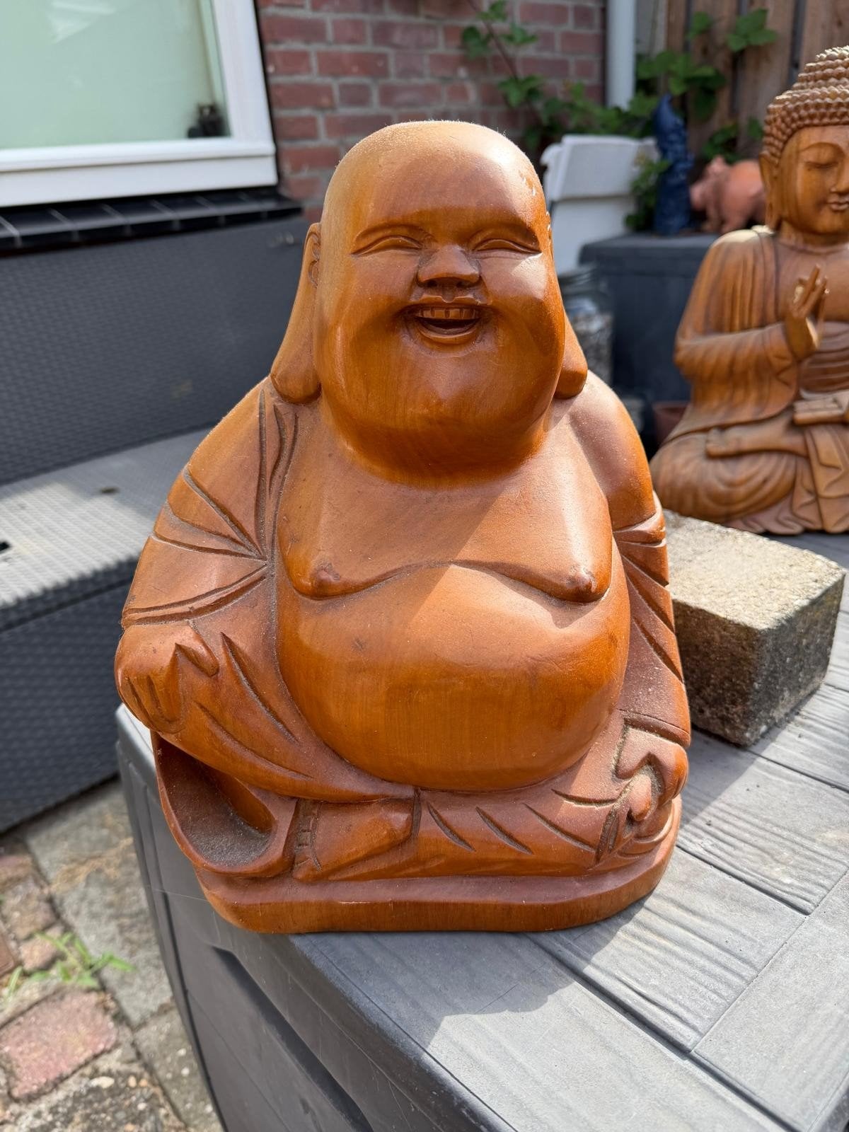 Lachende Boeddha beeld van hout, Huis en Inrichting, Ophalen, Gebruikt, Hout, Bruin