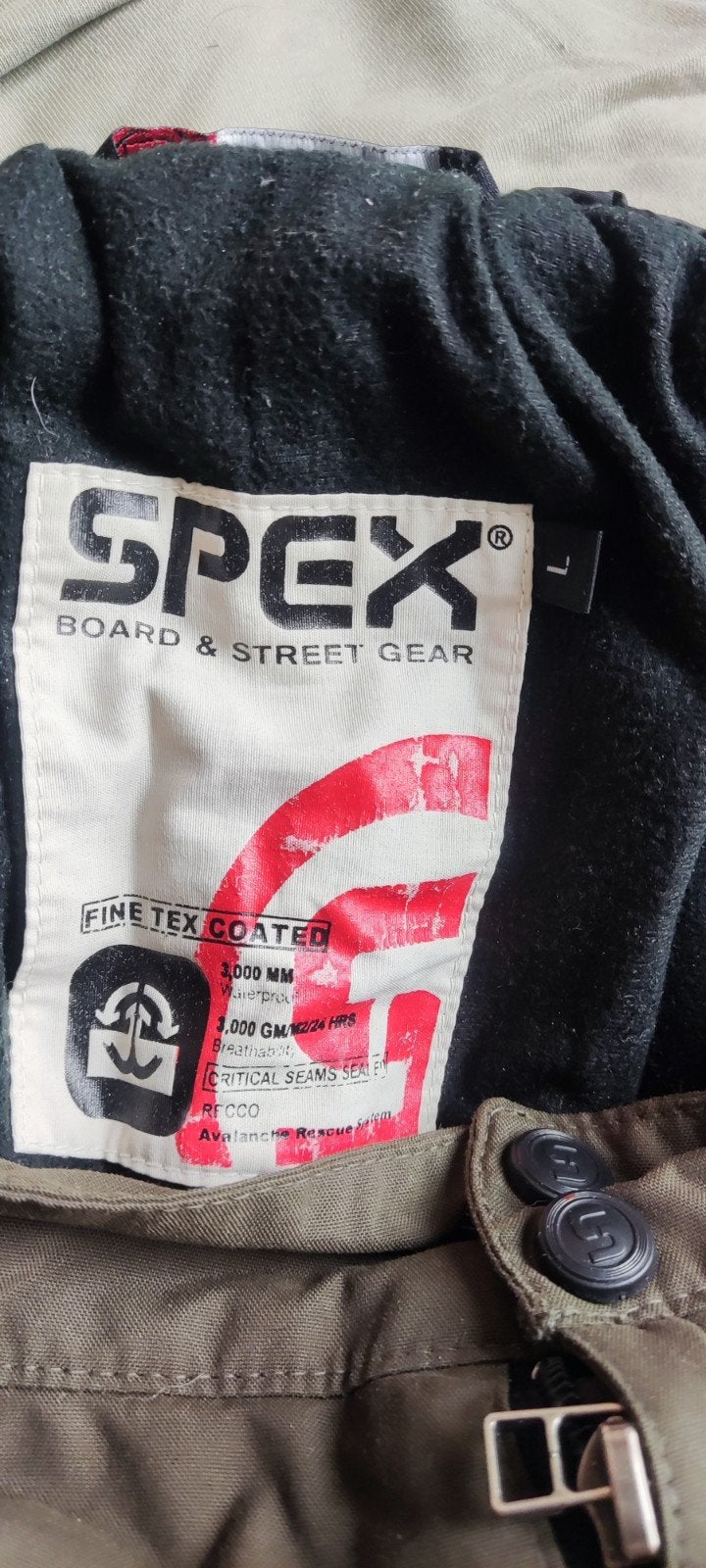 Spex skibroek groen/bruin met RECCO reflector maat L, Broek, Spex, Maat 42/44 (L), Ophalen of Verzenden