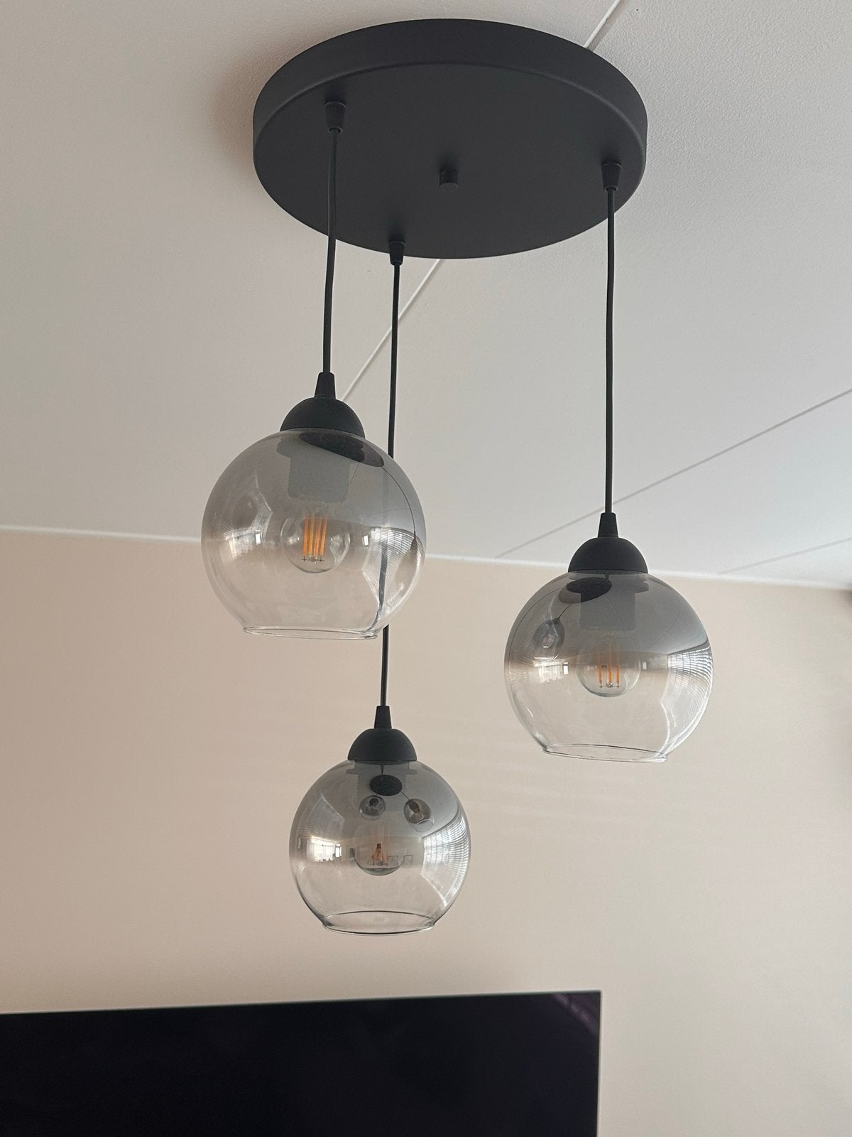 Moderne hanglamp met 3 glazen bollen, rookgrijs, Ophalen, Zo goed als nieuw, Glas, E27 (groot)