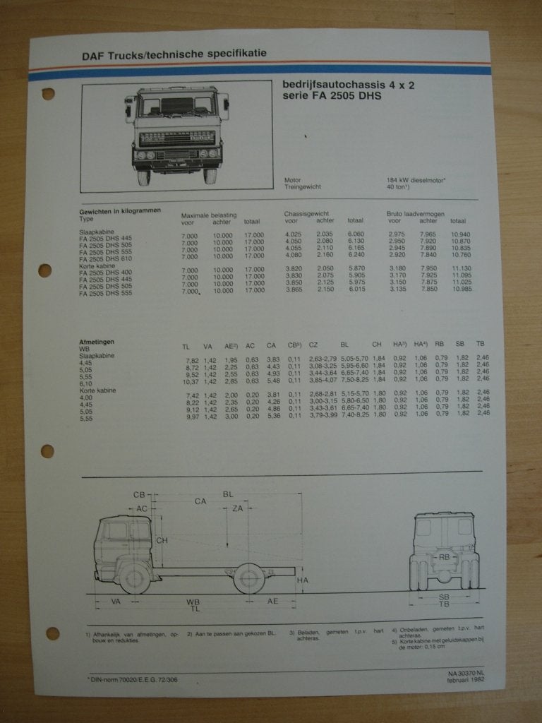 DAF FA 2500 DHS Technische Specificatie Folder 1982 - 4x2, Ophalen of Verzenden, Zo goed als nieuw, Overige merken, DAF