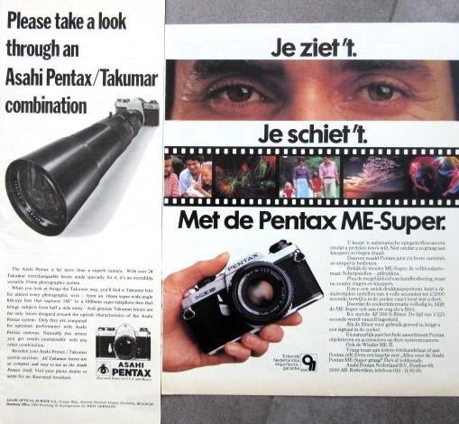 12 vintage advertenties Asahi Pentax camera 1967-82 foto, Ophalen of Verzenden, 1960 tot 1980, Fototoestel
