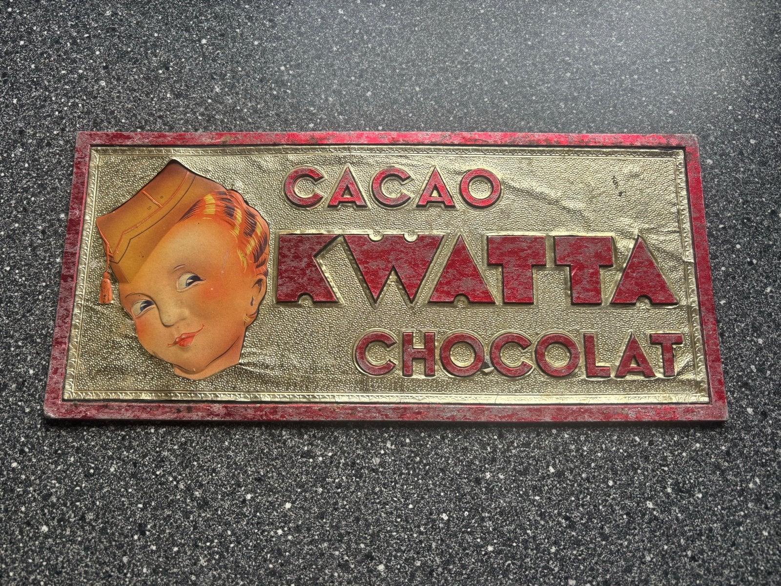Reclamebord blik op karton Kwatta Cacao Chocolade, Verzamelen, Merken en Reclamevoorwerpen, Ophalen of Verzenden, Gebruikt, Reclamebord