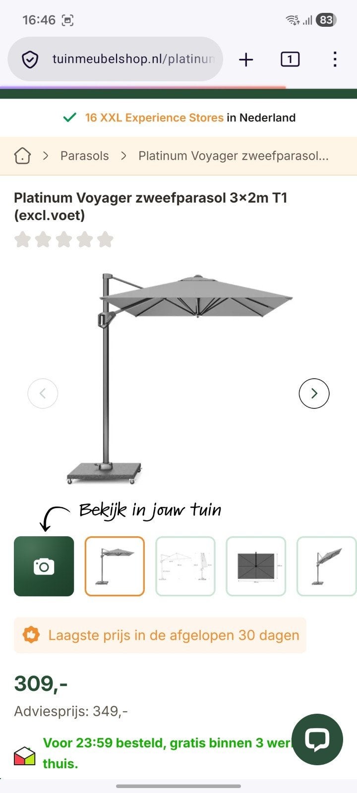 GRATIS granieten parasolvoet wielen T1 zweefparasol 76x76cm, Ophalen, Nieuw, Minder dan 1 meter, Parasolvoet