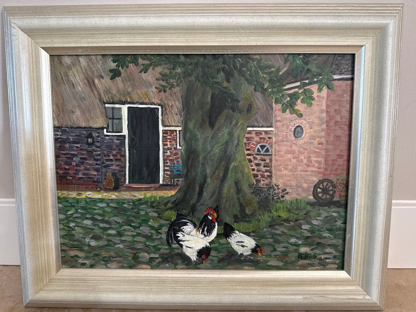 Schilderij met boerderij, boom en kippen, gesigneerd, Antiek en Kunst, Ophalen, Doek, Realistisch, Dieren