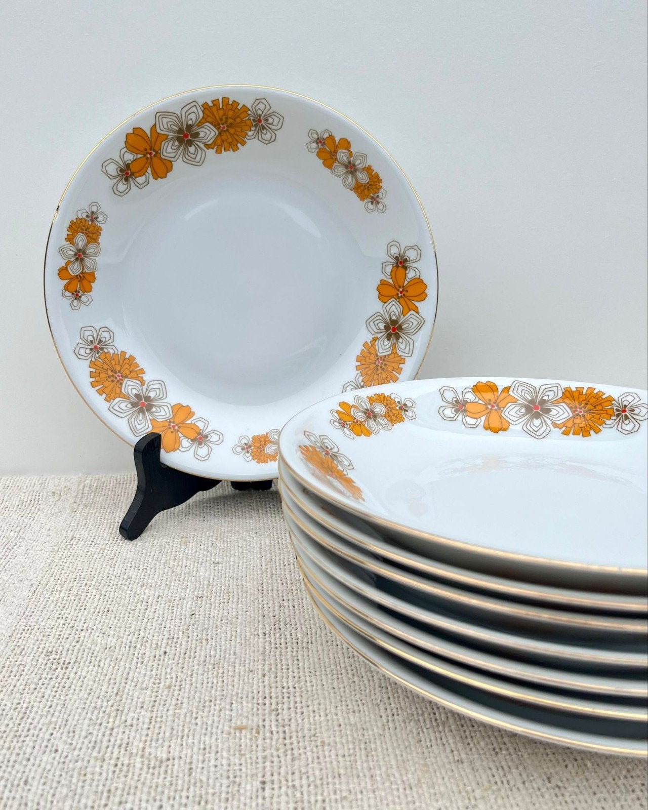 Vintage bordenset van 8 borden Bavaria met oranje bloemdecor, Ophalen of Verzenden