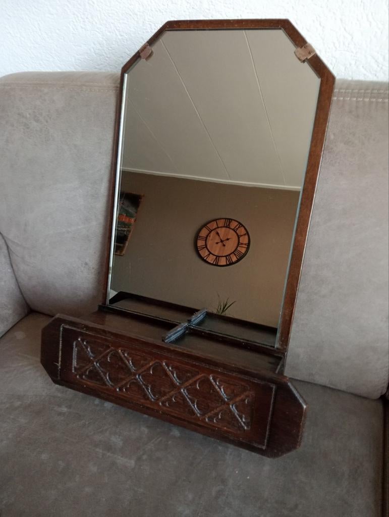 Vintage houten spiegel met planchet - Jaren '60/'70, Antiek en Kunst, Antiek | Spiegels, Ophalen of Verzenden, Overige vormen