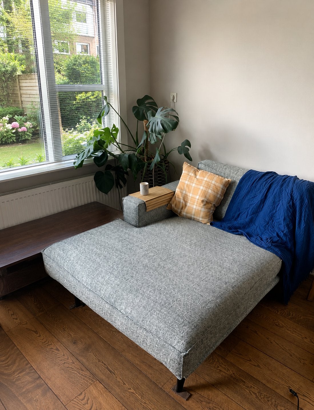 Luxe chaise longue / loungebank blauw grijs creme, Ophalen, 150 tot 200 cm, Tweepersoons, Zo goed als nieuw
