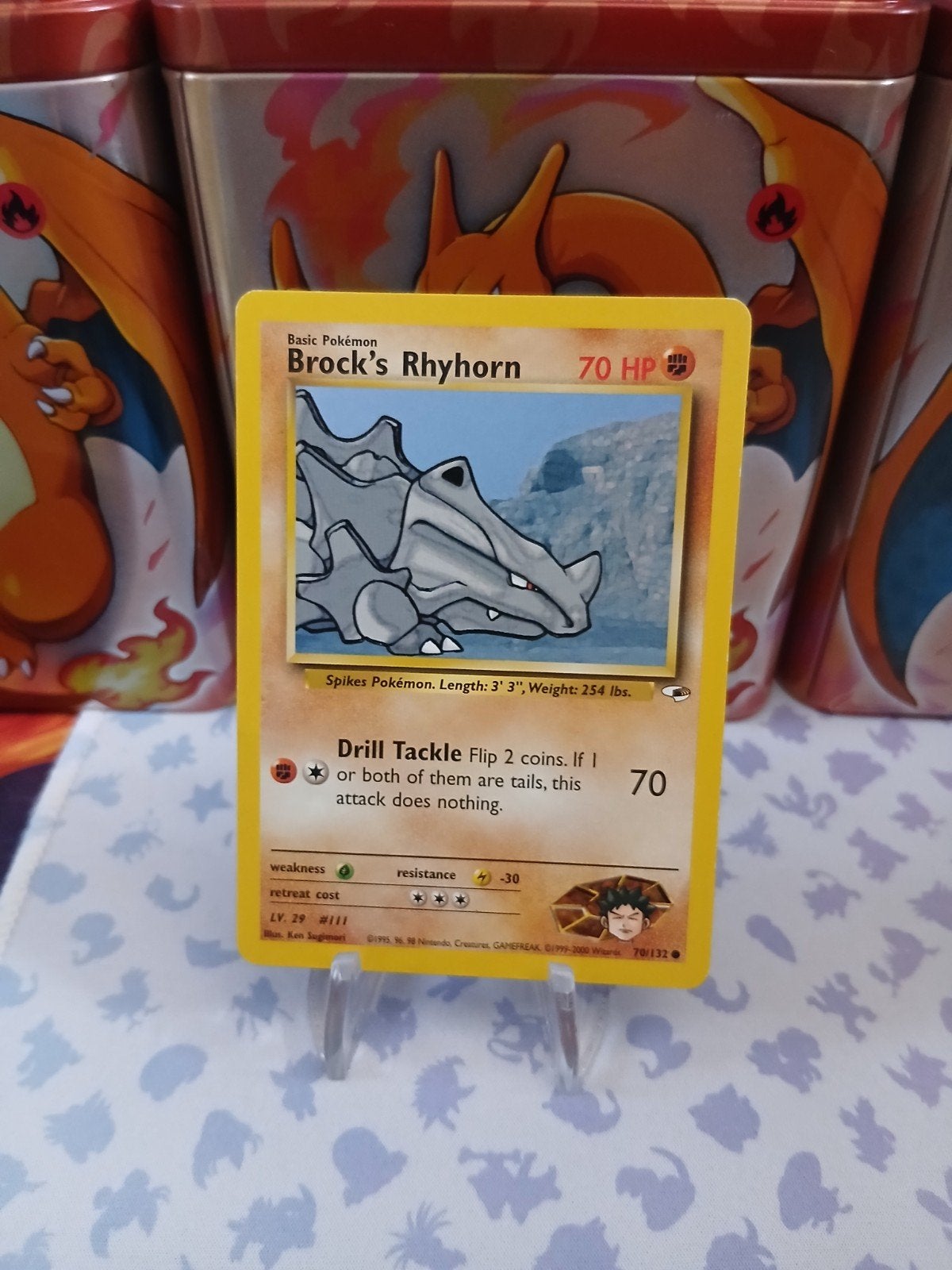 Pokémon Kaart: Brock's Rhyhorn (70 HP) gym heroes, Ophalen of Verzenden, Gebruikt, Losse kaart