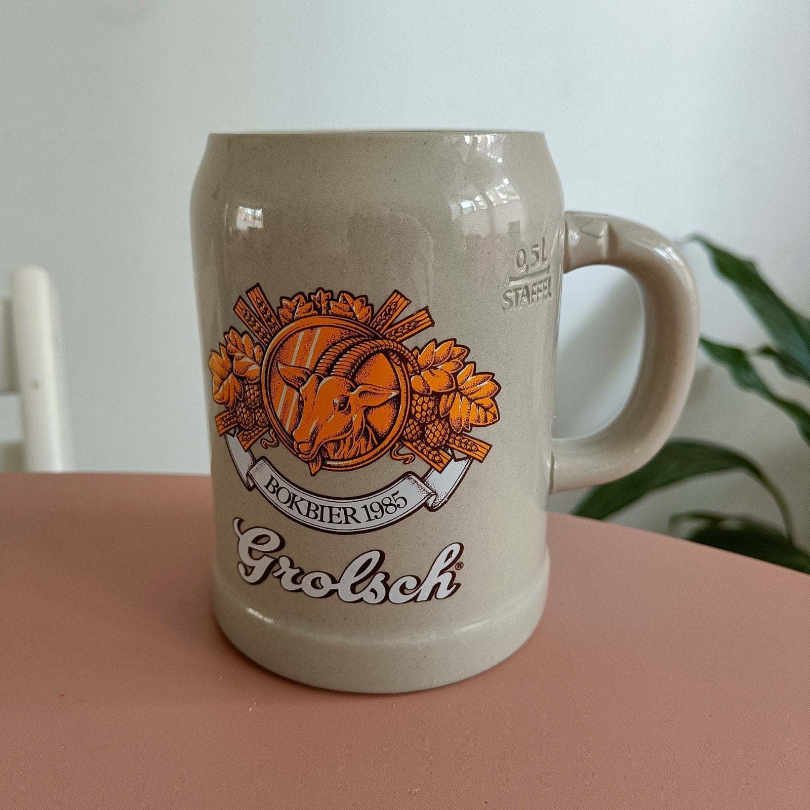 Vintage Grolsch Bokbier 1985 Bierpul - 0.5L Staffel, Ophalen of Verzenden, Zo goed als nieuw, Pul(len), Grolsch