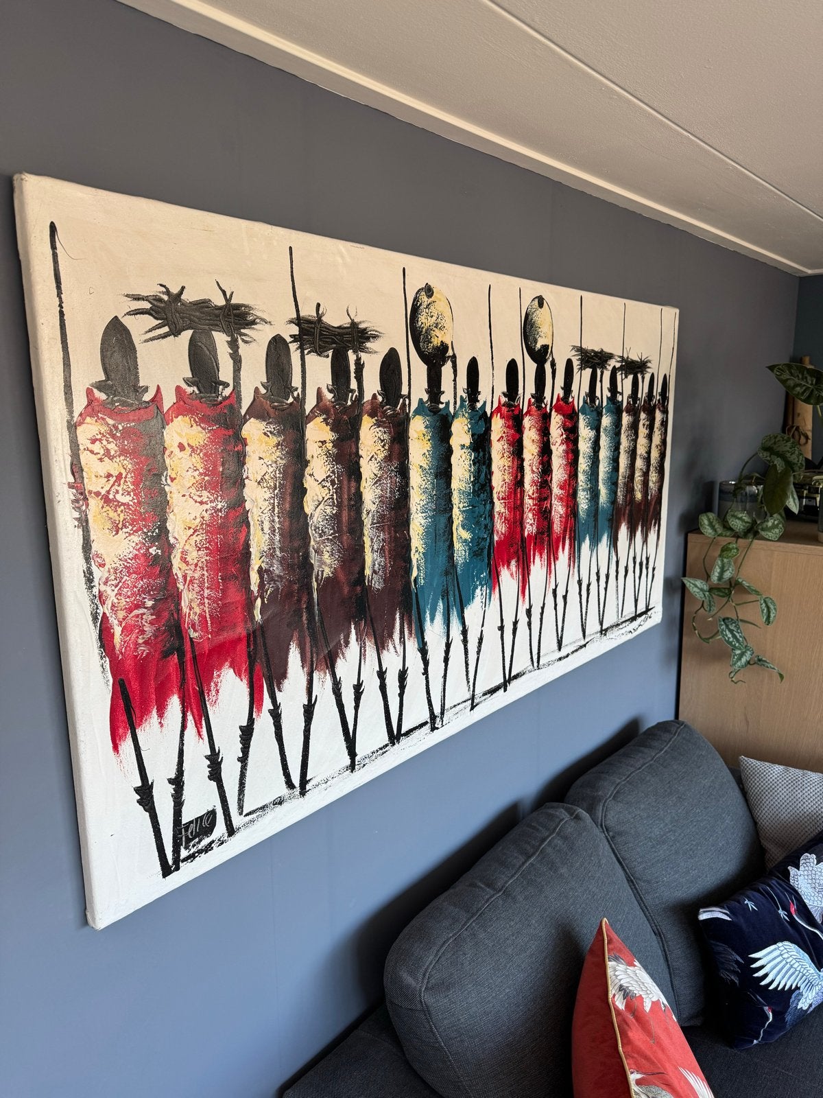 Canvas Schilderij Afrikaanse Figuren 150x75cm, Ophalen, Op houten frame, Textiel, Figuren